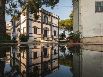 Ci spostiamo ora sul lato sinistro della villa, dove possiamo ammirare il colore grigio che distingue le membrature architettoniche su fondo chiaro